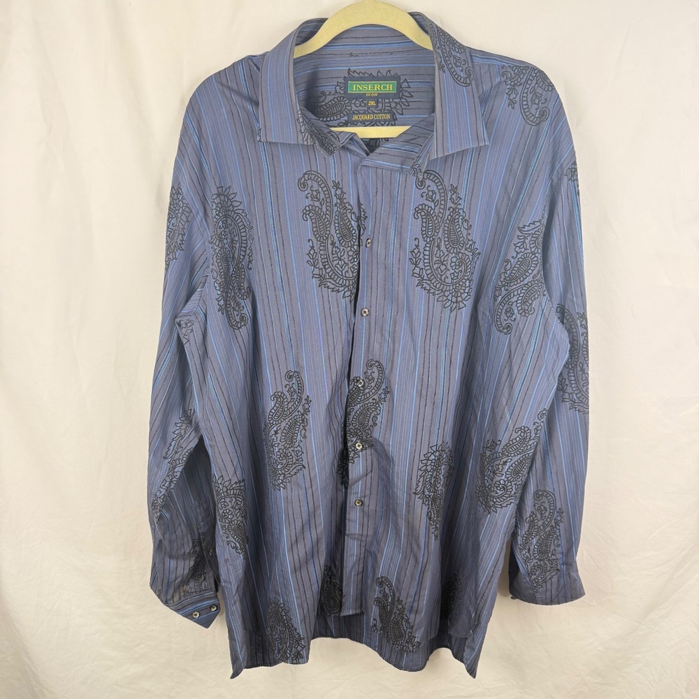 Inserch Icon Jacquard Cotton Blue Striped Paisley Long Sleeve Button Down 2XL